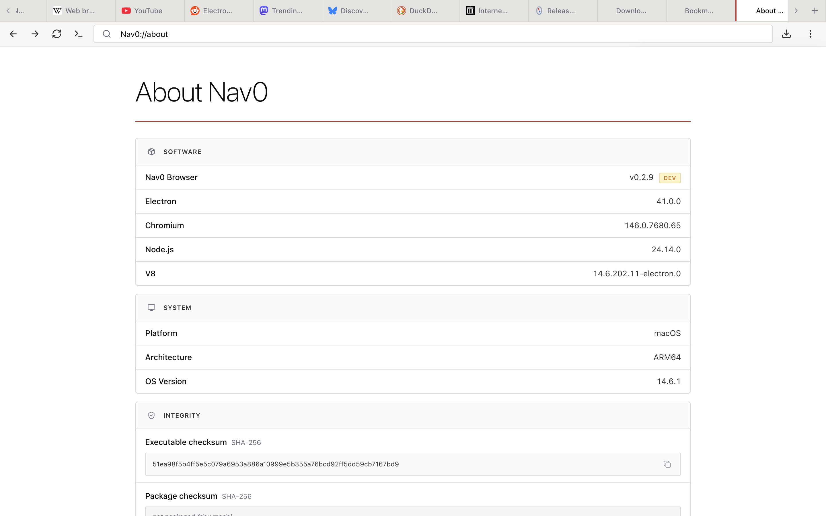 About Nav0 page showing Software versions, System info, and SHA-256 Integrity checksums