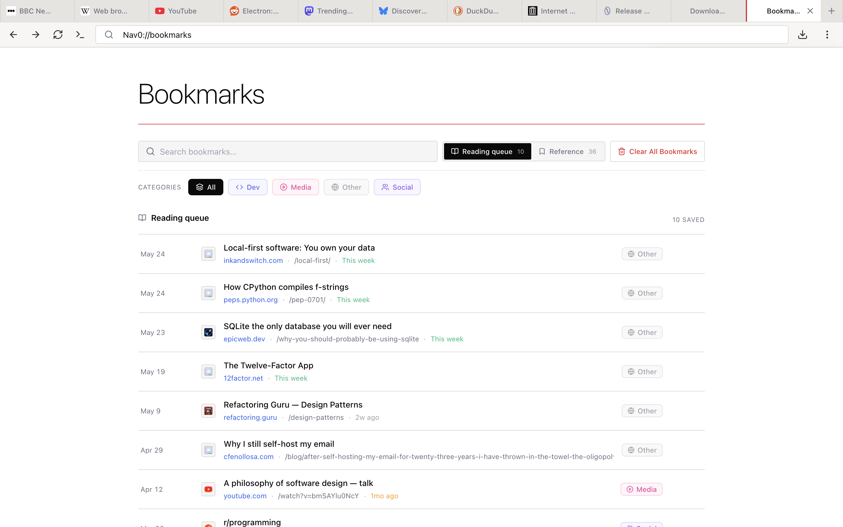 Bookmarks page showing a reading queue with 10 entries, category filters, and recency labels