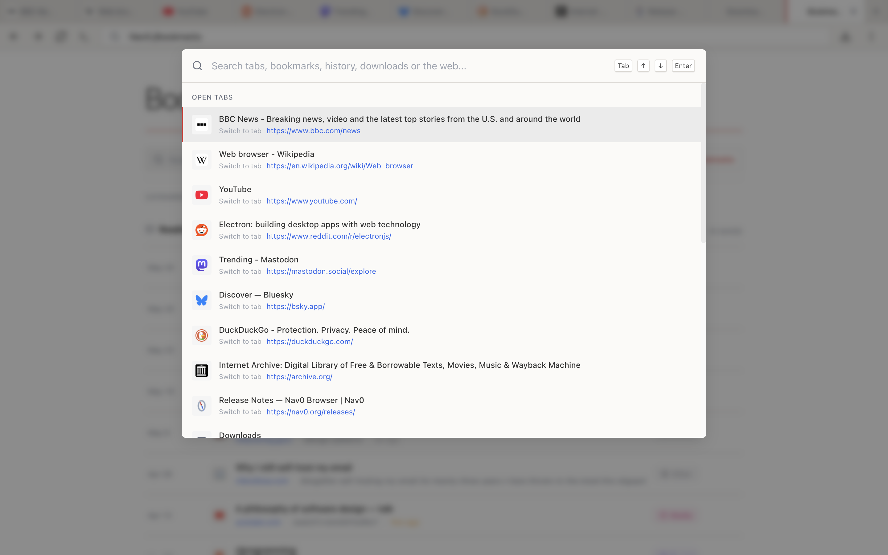 Cmd+K command palette with "Search tabs, bookmarks, history, downloads or the web" input and a list of open tabs