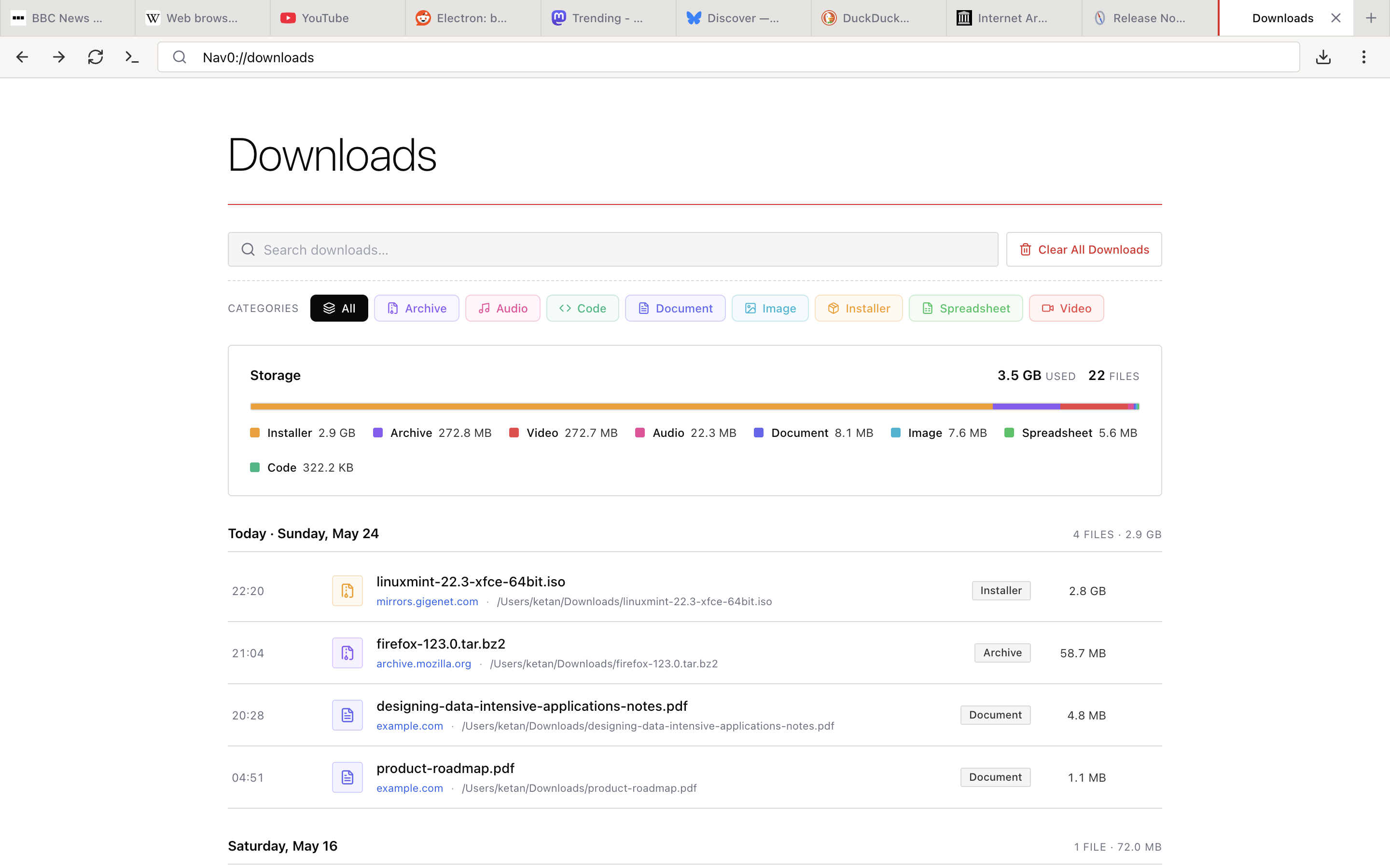 Downloads page with category filters, storage breakdown, and chronological file list