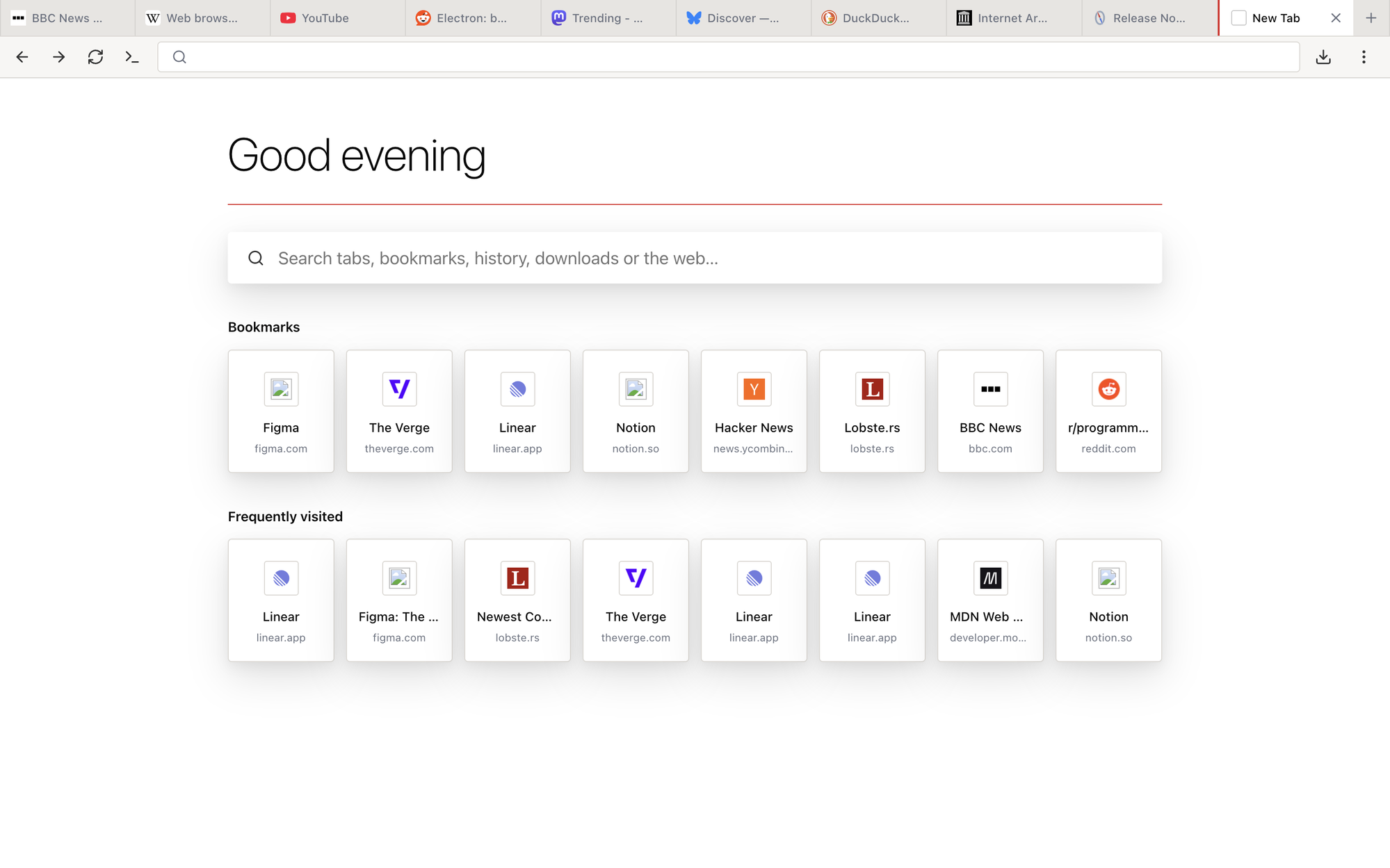 The Nav0 browser new tab page, showing the search field, bookmarks, and frequently visited sites.