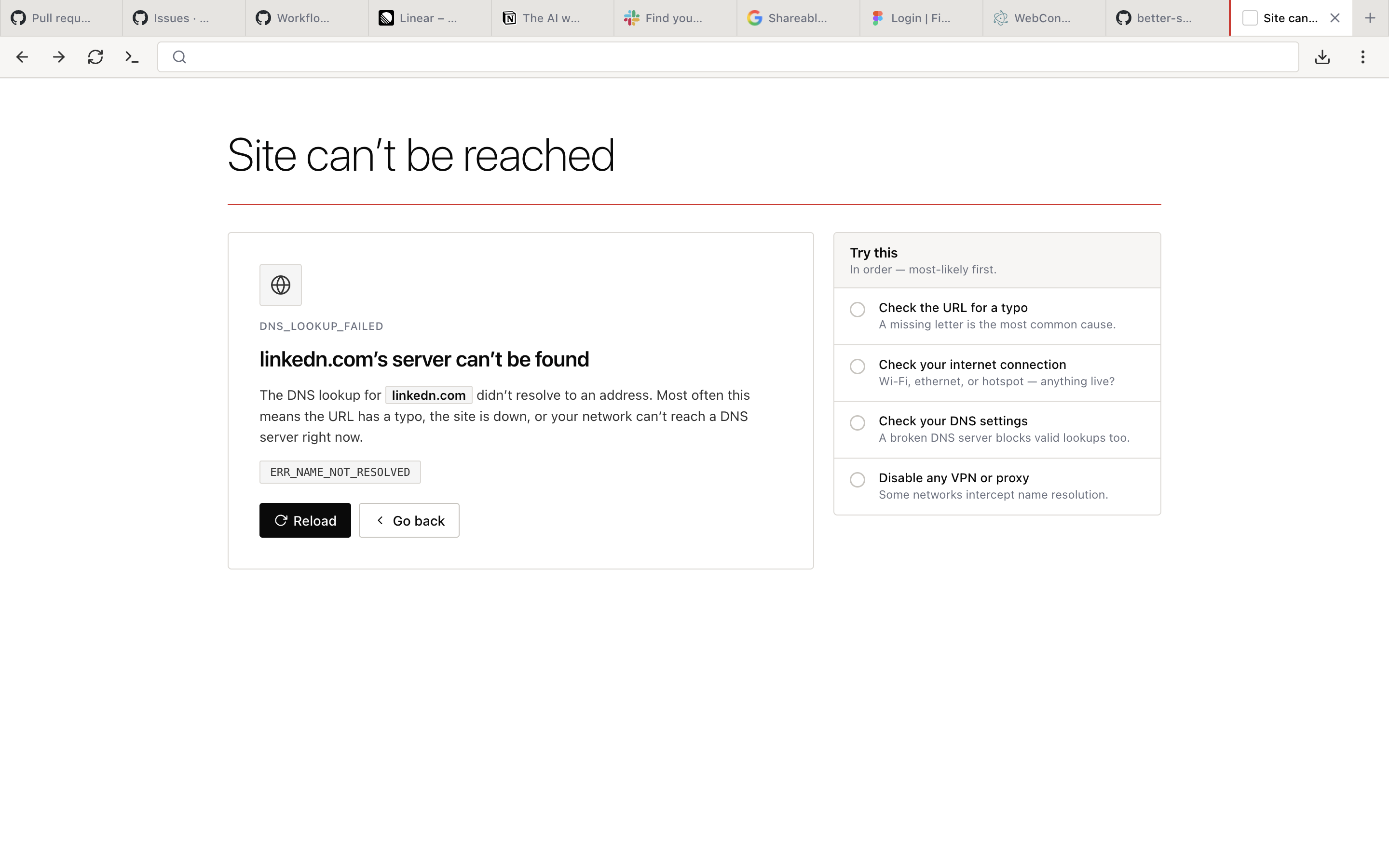 Network error page for "linkedn.com's server can't be found" with a Try this checklist