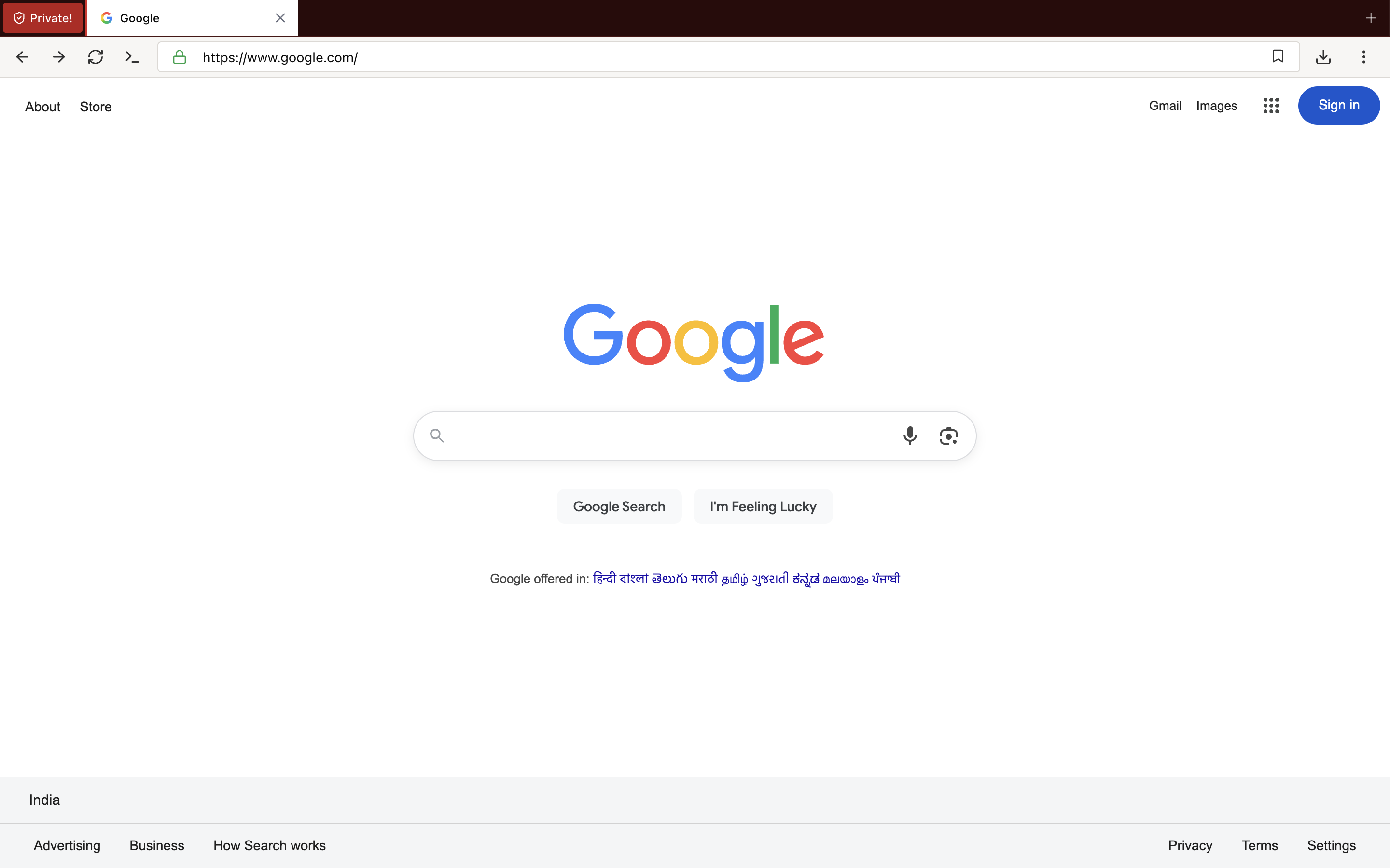Private browsing window with the red "Private!" indicator in the tab strip, showing Google's homepage