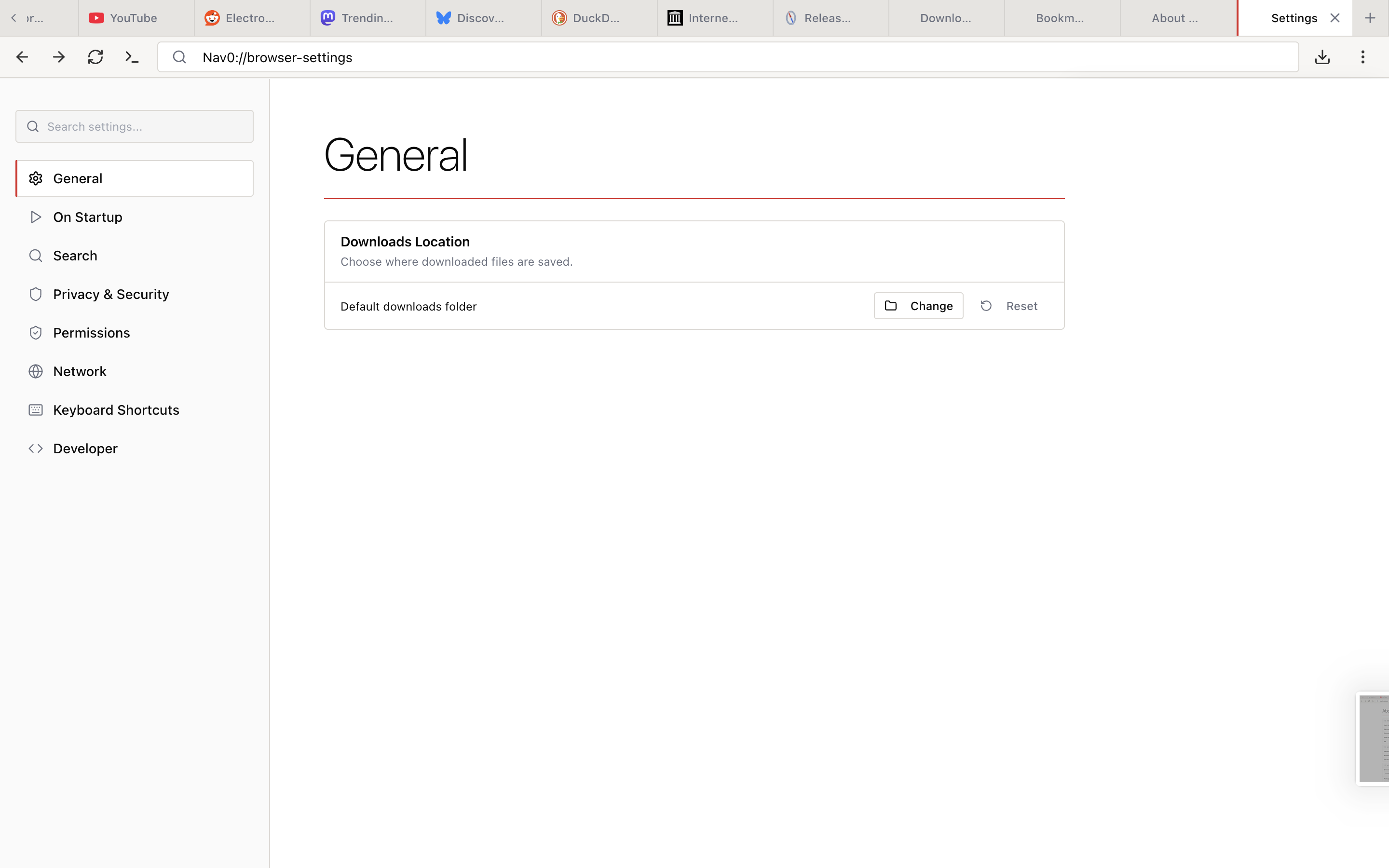 Settings — General page with the Downloads Location section
