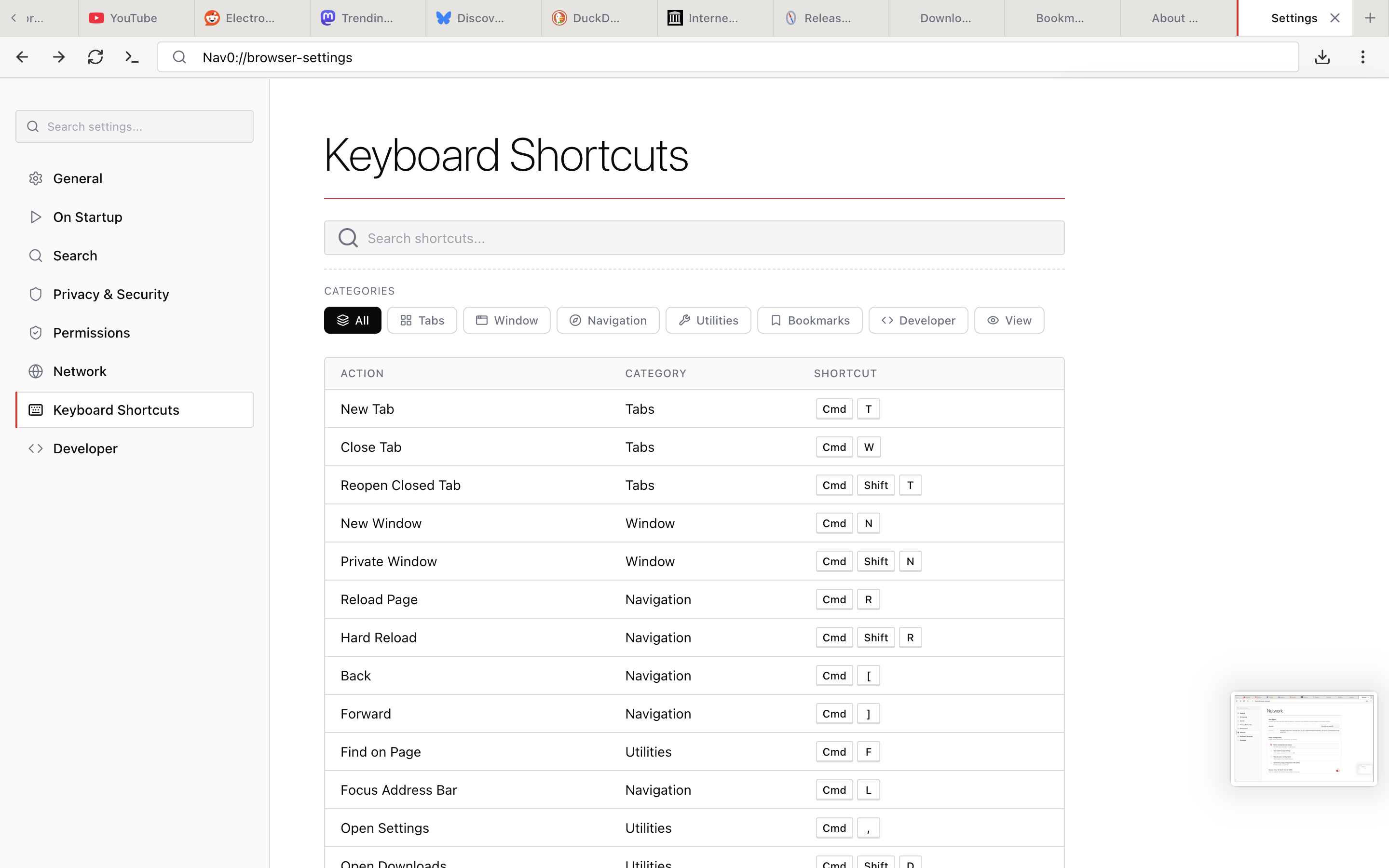 Settings — Keyboard Shortcuts page
