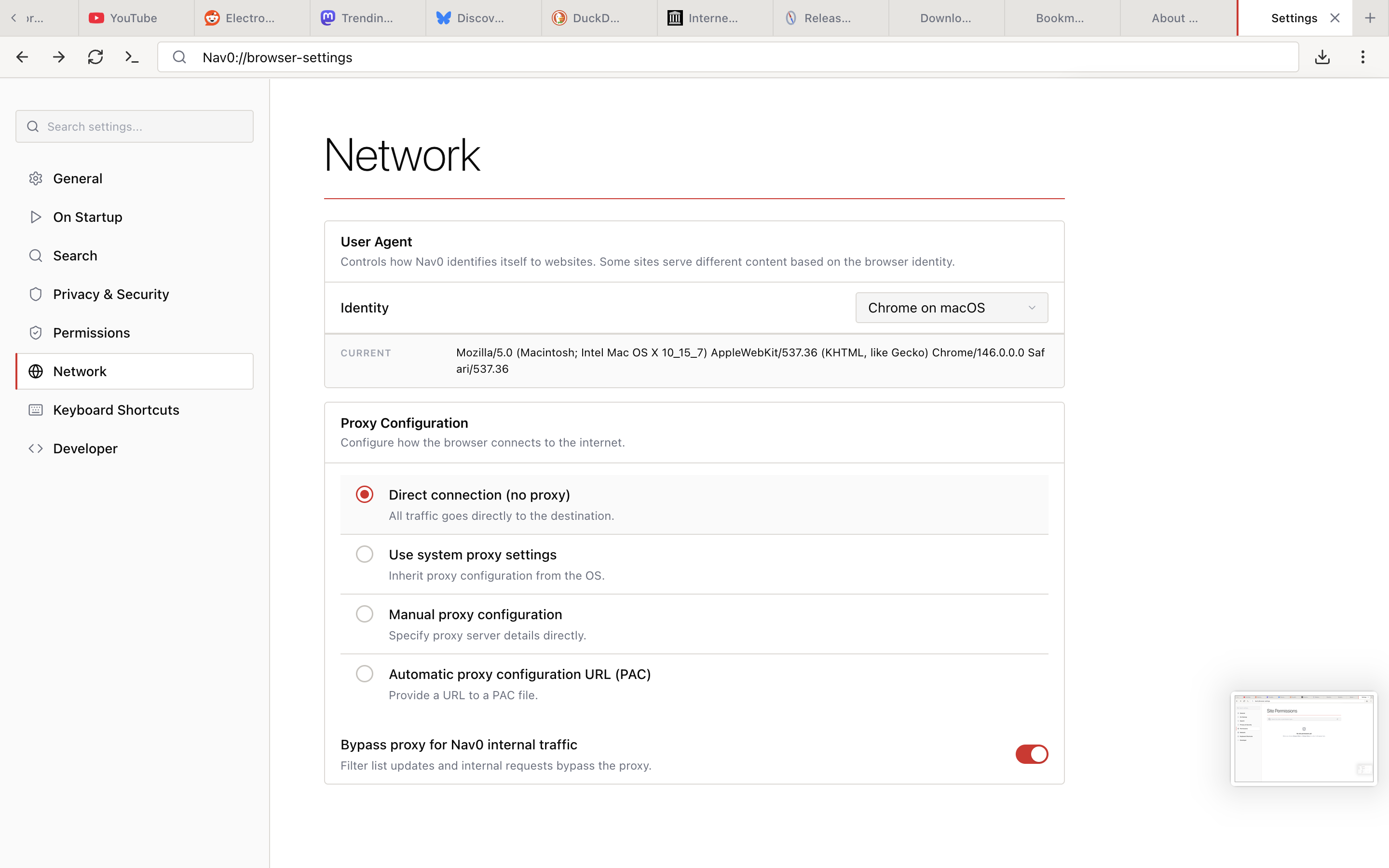 Settings — Network with user agent selector and proxy configuration options