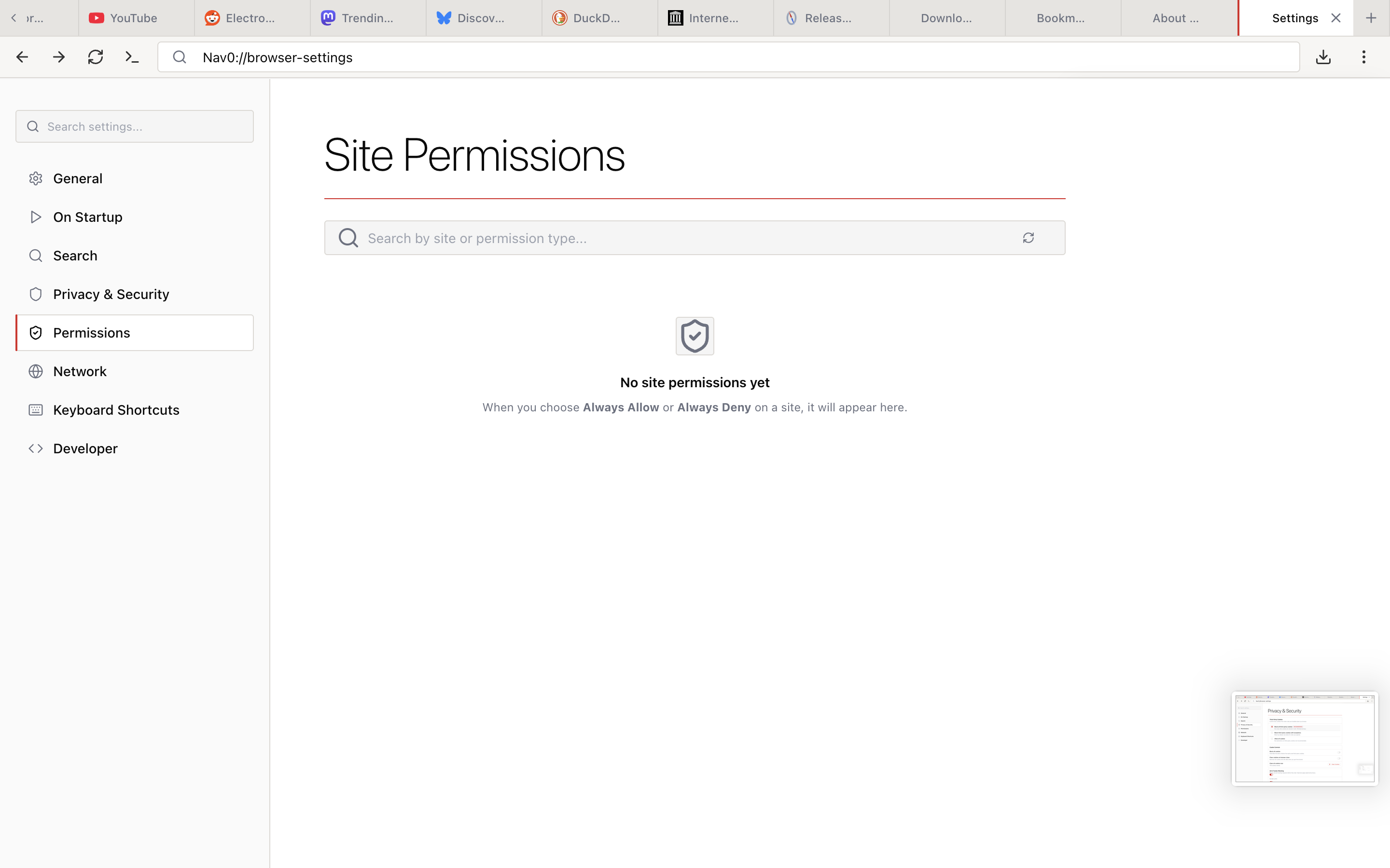 Settings — Site Permissions page with an empty-state message and search input