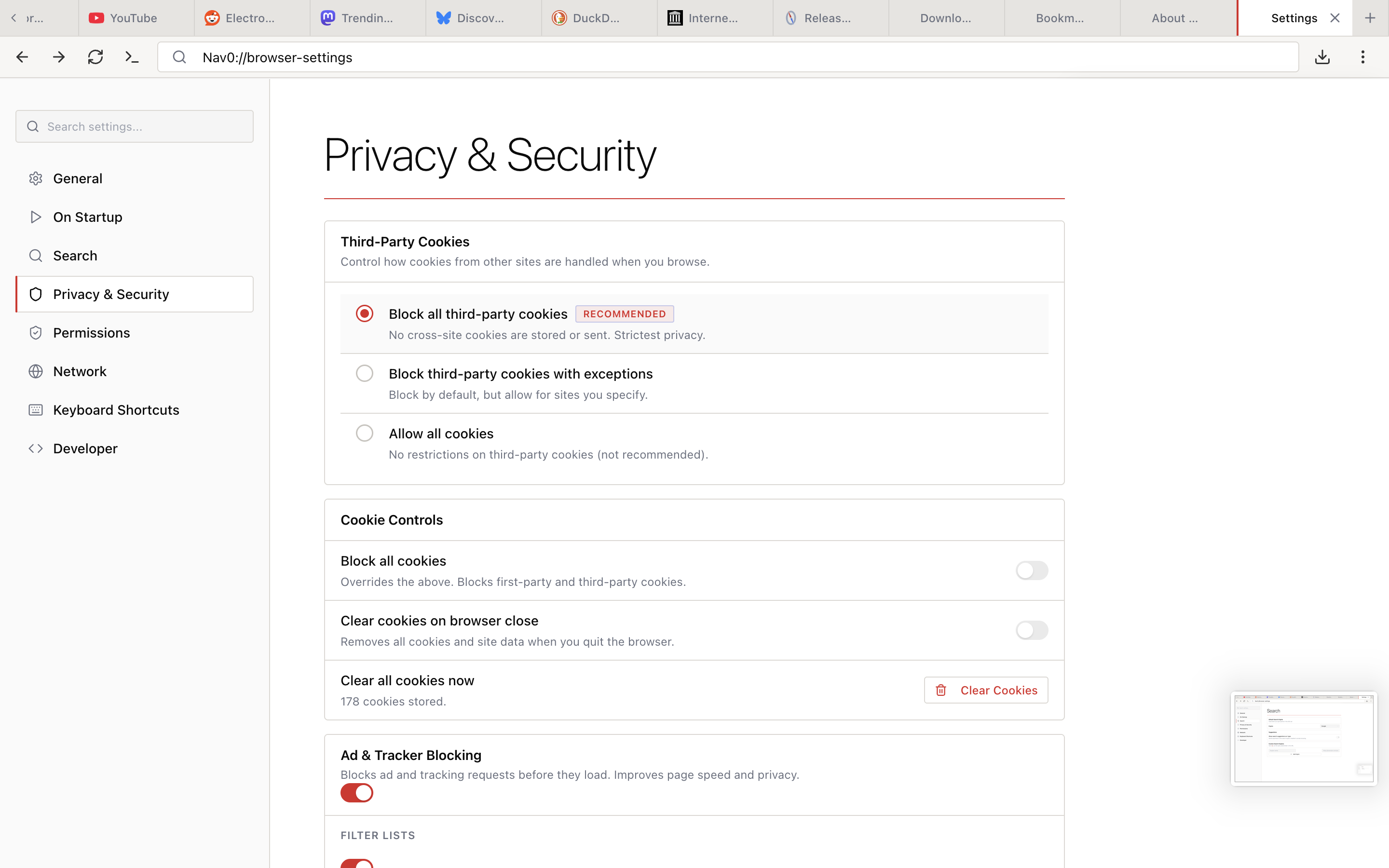 Settings — Privacy & Security with cookie controls, ad & tracker blocking, and filter lists