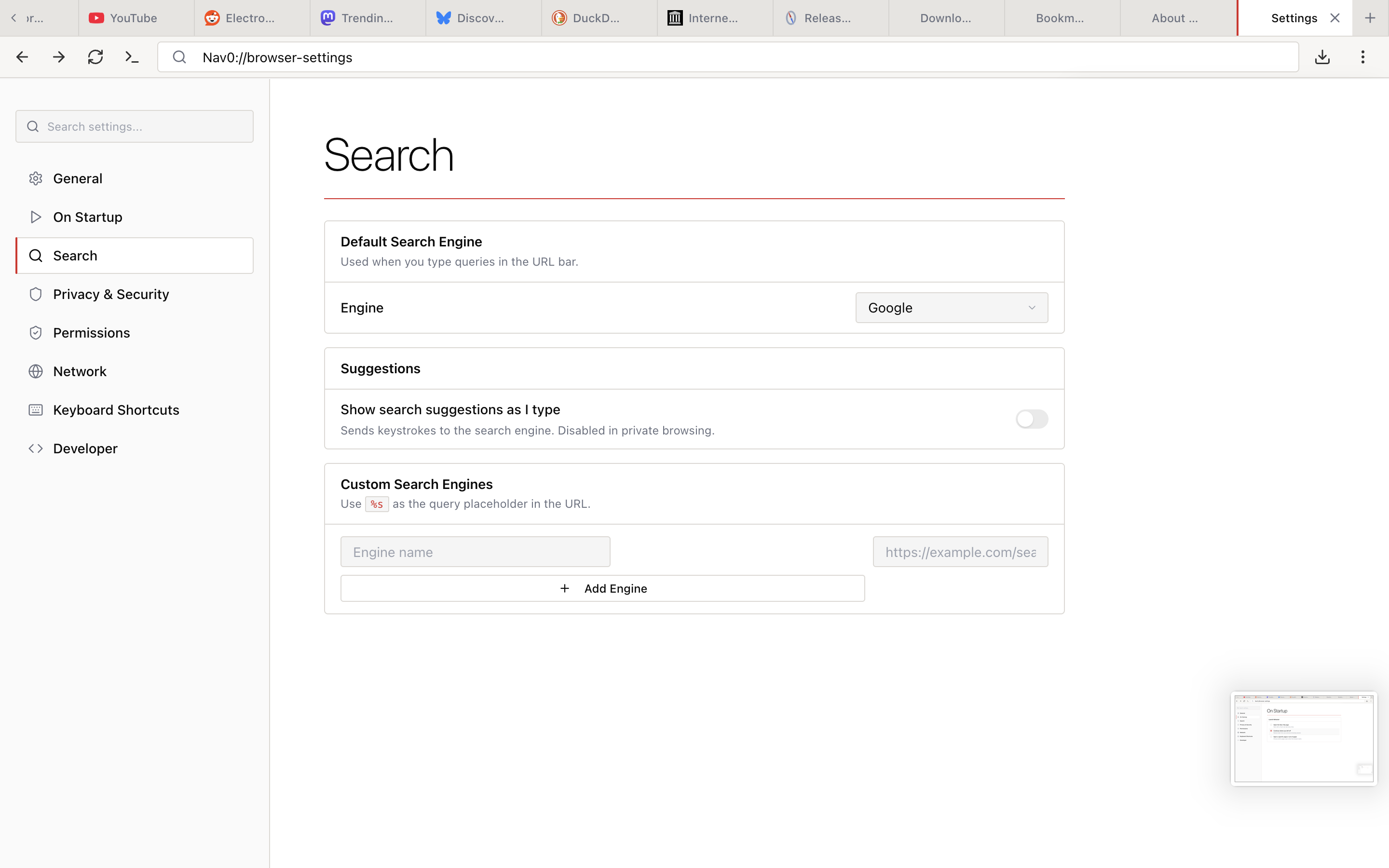 Settings — Search with default engine, suggestions toggle, and the custom engine form