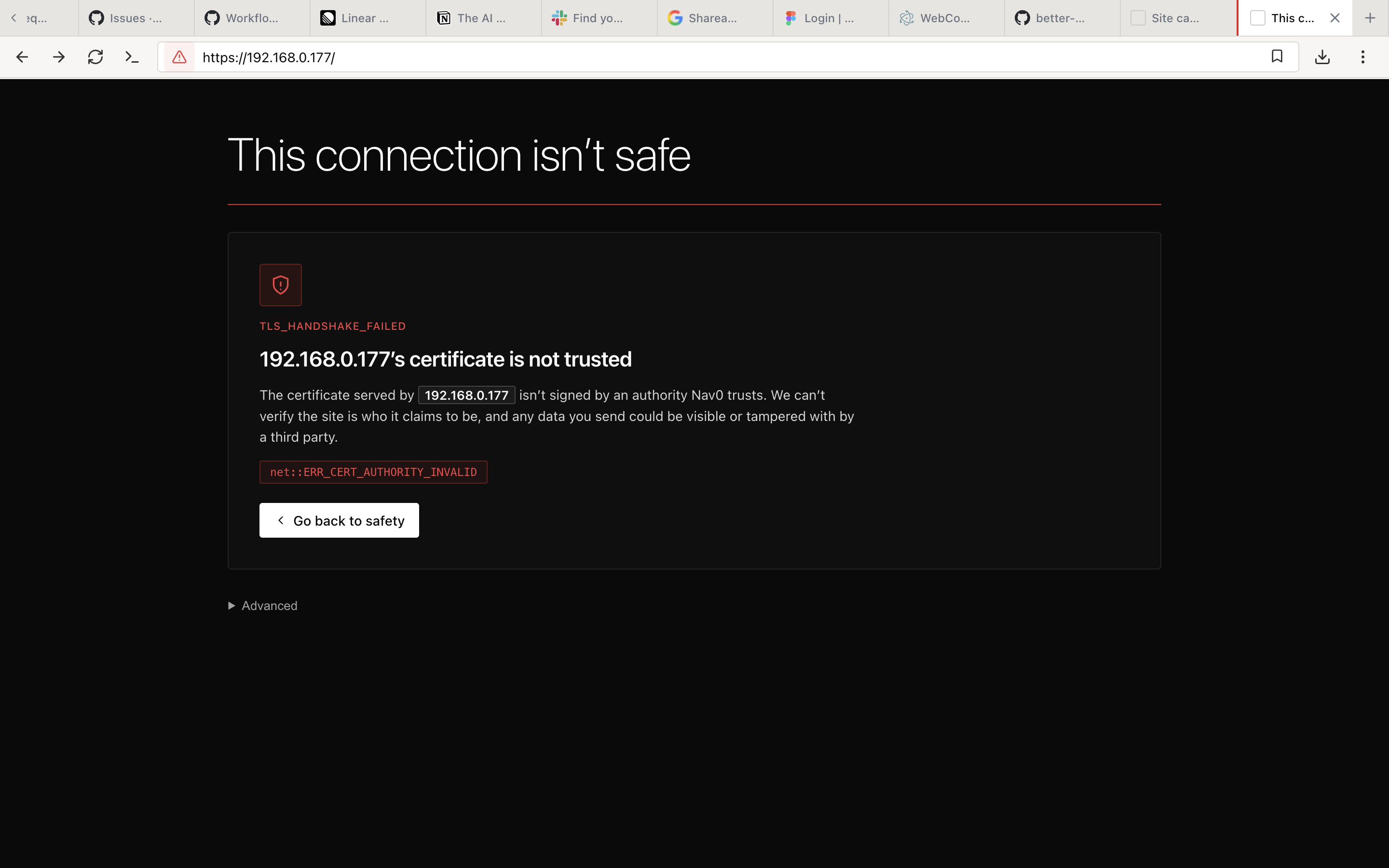 TLS handshake failed warning page with a "Go back to safety" button and a collapsed Advanced section
