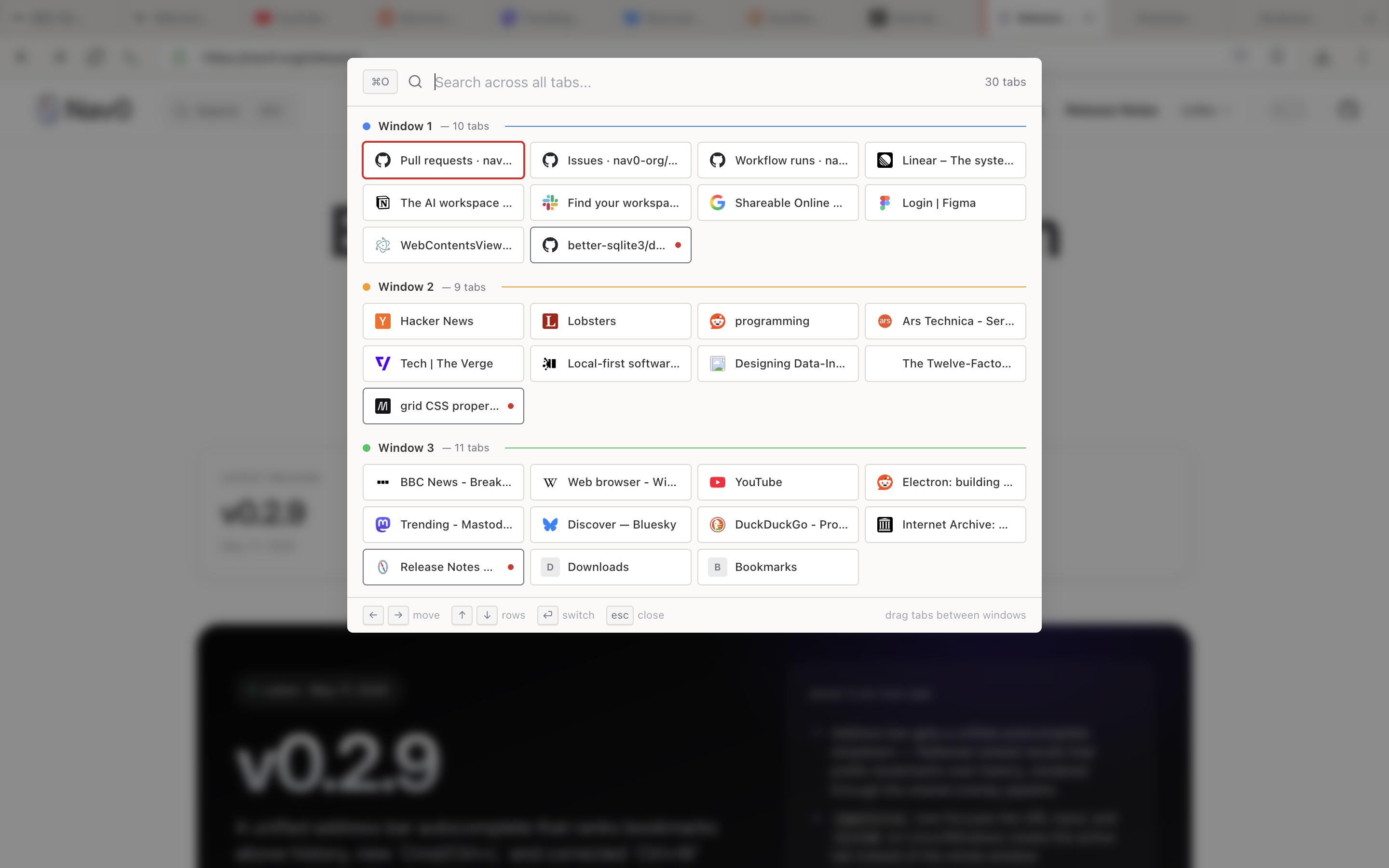 Cross-window tab switcher overlay showing 30 tabs grouped into three windows